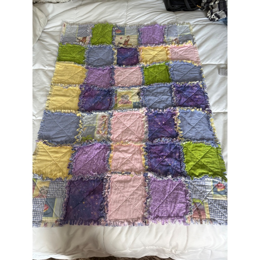 Handmade Patchwork Rag Quilt Kids One Size Multi Color Excellent Animal Print